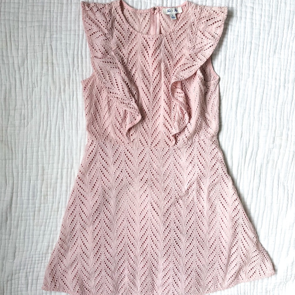 She + Sky Pink Eyelet Dress Ruffle Sleeveless Cotton L SS3418